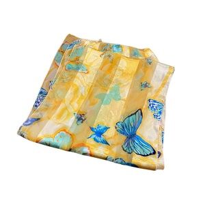 Vintage Women Blue Butterfly Turquoise Yellow Mini Scarf Shiny Mariposa Striped